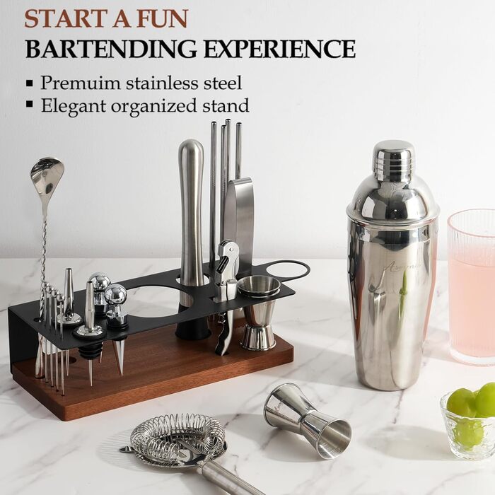 Набір бармена на 23 предмети: шейкер, сито, ложка, мадлер та інші інструменти для приготування коктейлів. Ідеально для дому, бару, вечірки (колір: коричневий)