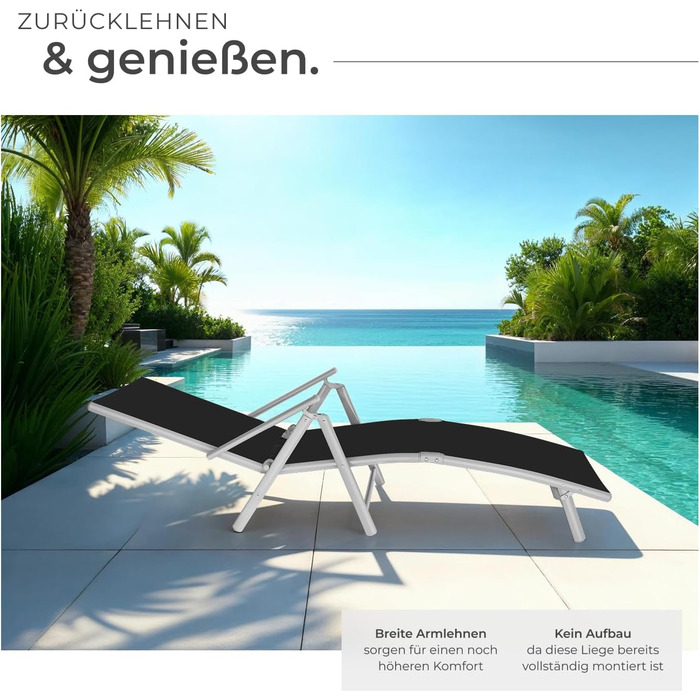 Шезлонг Tectake алюмінієвий, складний, з підлокітниками, регульована спинка, для балкона, саду, тераси, кемпінгу - сріблясто-сірий