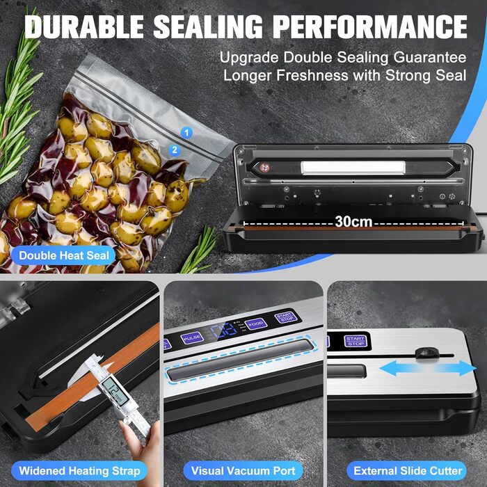 Вакууматор для продуктів LanBlu 7 в 1 з подвійним гарячим швом, вакуумний пакувальник для сухих та вологих продуктів, 80кПа