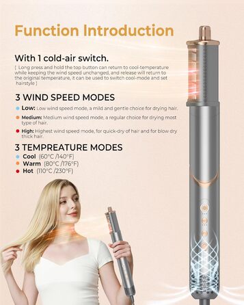 Фен Airstyler 8 в 1 Ion 110 000 об/хв Високошвидкісний фен Набір з щіткою для теплого повітря Пневматична плойка Фен Щітка Кругла щітка Фен Щітка для завивки Щітка для завивки Щітки для укладання волосся Подарунковий набір для жінок, 1400 Вт Сіре золото