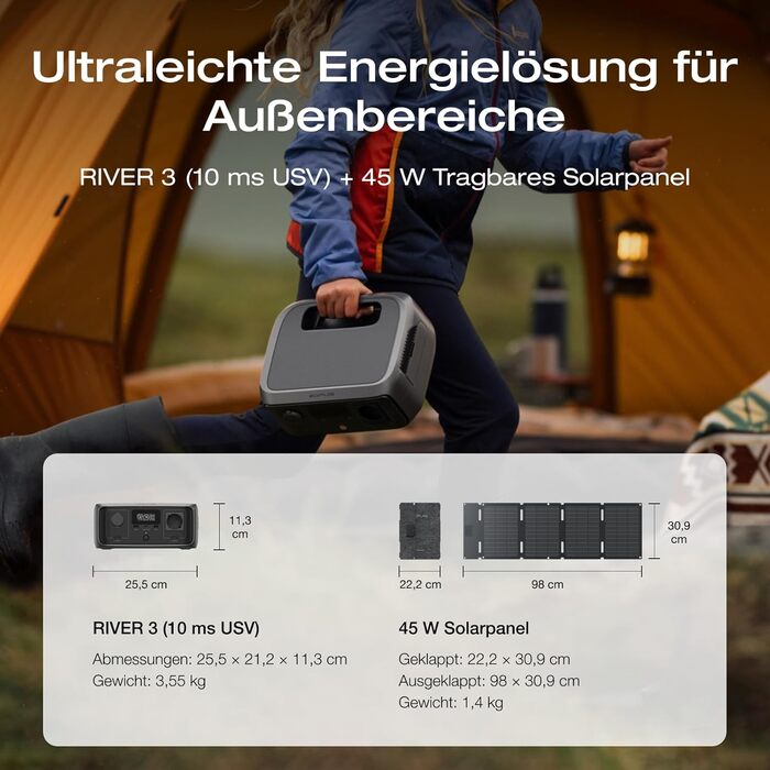 EcoFlow River 3: Портативна електростанція з соняльною панеллю 45W, акумулятор LFP 245 Wh, потужність до 600W, GaN для збільшення часу роботи, UPS <10 ms, компактний сонячний генератор для кемпінгу