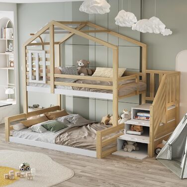Двоярусне ліжко 90x200 та 140x200 см, дитяче ліжко-горище з місцем для зберігання, сходами та дахом, ліжко-будиночок з вікном, з ламелями та захистом від падіння, без матраца, натуральне дерево