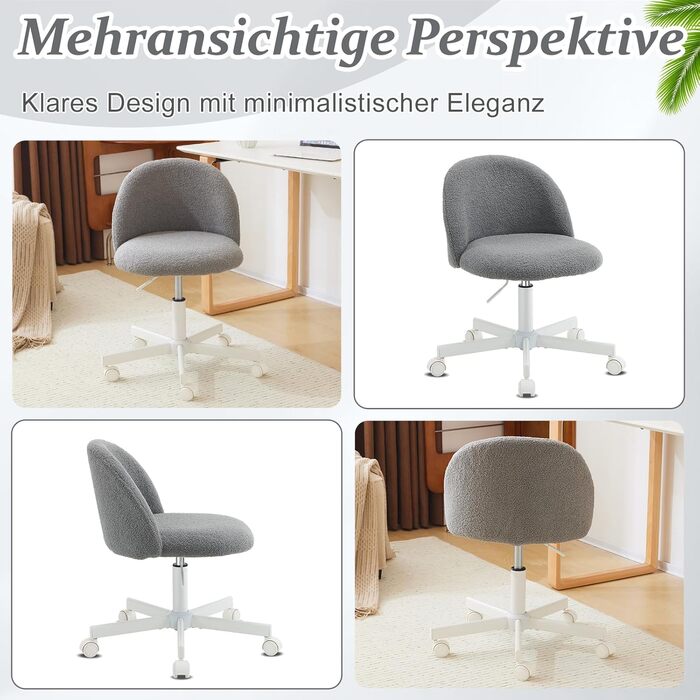 Офісний стілець Bonnlo з роликами, стілець до туалетного столика, регульований по висоті, для робочого кабінету, спальні, home office, з м'якої тканини Teddy, білий (сірий)