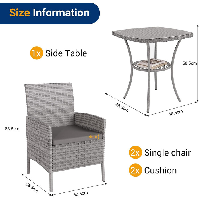 Набір садових меблів UDPATIO для балкона/тераси: стіл та 2 стільці з поліротангу (сірий)