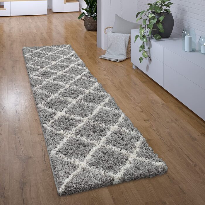 Домашній килим Paco з високим ворсом, килимок для передпокою, спальні, вітальні, кошлатий килим з довгим ворсом, Сучасний скандинавський ромбоподібний візерунок, розмір колір (60x100 см, сірий)