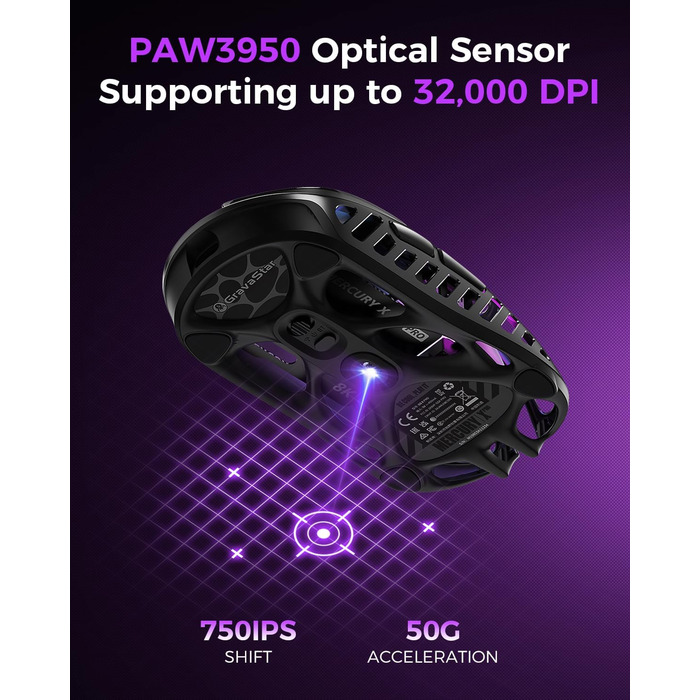 GravaStar Mercury X Pro 49g: Бездротова ігрова миша з PAW 3950 сенсором, 32000 DPI, 8000 Hz, RGB-підсвічування