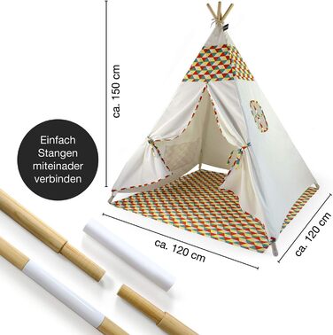 Hej Lønne Kinder Tipi, білий намет-типі з кольоровим візерунком, 120x120x150 см, з підлогою та вікнами, для гри в приміщенні та на вулиці, безпечний для дітей