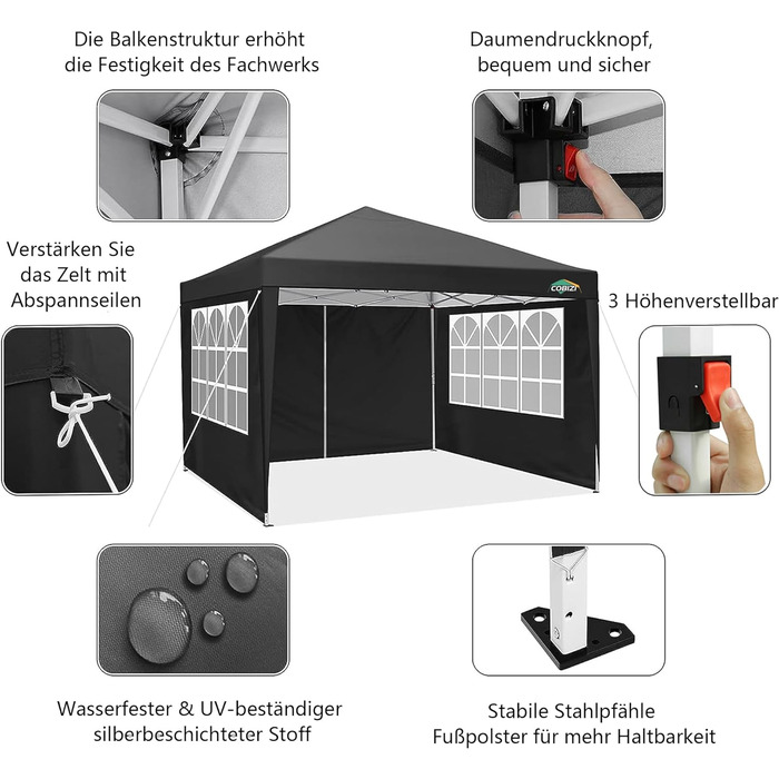 Альтанка COBIZI 3x3 Водонепроникний намет з балдахіном з 4 бічними панелями Відкритий намет з балдахіном Стабільний захист від ультрафіолету 50 висувних садових альтанок для вулиці, саду, вечірки, весілля, ринку (3x3m чорний) Чорний 3x3м