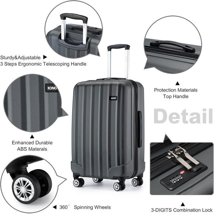 Чемодан-валіза на колесах з ABS-пластику, сірий, L - міцний та легкий, з кодовим замком