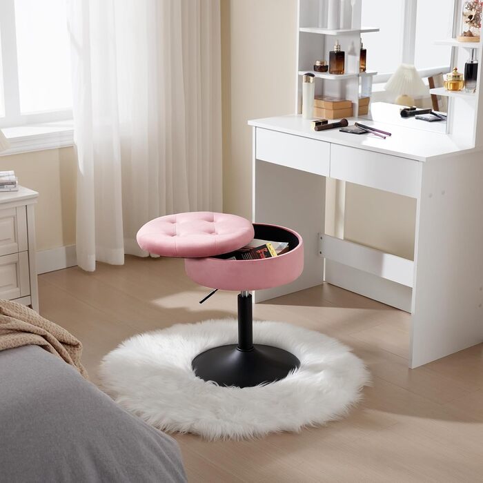 Стілець для туалетного столика WOLTU BH329sz-1, пуф з місцем для зберігання, регульована висота, обертається на 360°, рожевий, велюр