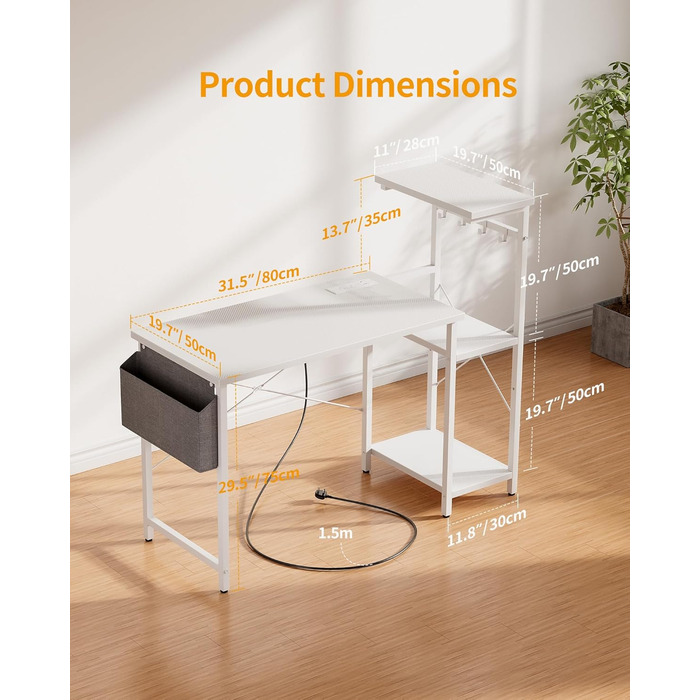 Ігровий стіл CubiCubi зі розетками (2 AC+USB-A+USB-C), 110 x 50 см. Компактний стіл для комп'ютера з регульованою полицею, 4 гачки та кишеня для кіберспортивного кімнати, домашнього офісу, карбонове волокно