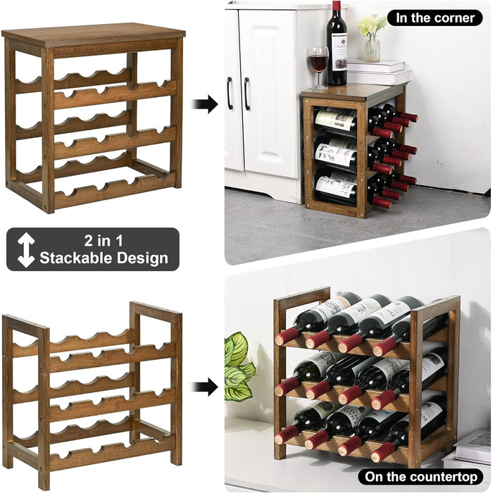 Стелаж для вина VASMIA з бамбука, 3-ярусний, на 12 пляшок, білий (горіх)