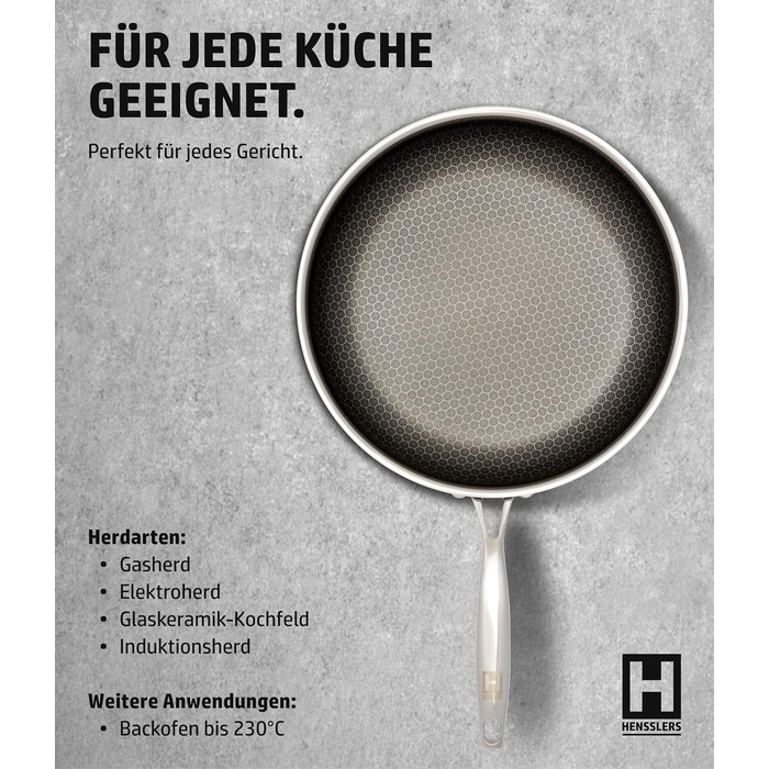 Сковорода HENSSELERS® 28 см - універсальна для всіх типів плит, антипригарне покриття у вигляді сот, індукційна, стійка до подряпин та порізів