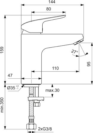 Змішувач настінний Ideal Standard Ceraflex з одним важелем, хром, витяжка 160 мм, регульовані S-з'єднувачі, водозберігаюча картридж CLICK, висота виливу 95 мм (без зливної арматури)