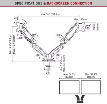 Кріплення для монітора Barkan 13-34 дюйми, регульоване, для столу, LED/LCD, витримує до 6 кг, газ-амортизатор, подвійний кріплення