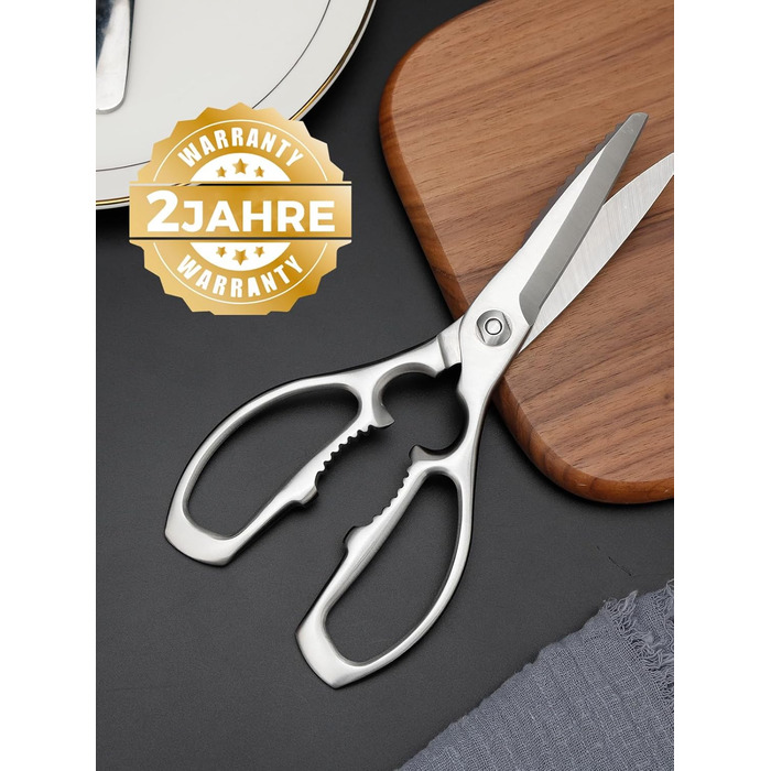 Кухонні ножиці важкі – з нержавіючої сталі 3Cr14, міцні для м'яса, птиці та овочів, з відкривачем пляшок, придатні для миття в посудомийній машині, 22,8 см, 5 років гарантії, сріблястого кольору