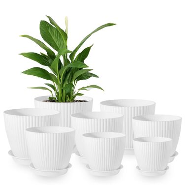 Набір горщиків для квітів Blumentopf (8 шт.) з підставками, різні розміри (10-19 см), пластик, білий. Ідеально для дому та балкона.