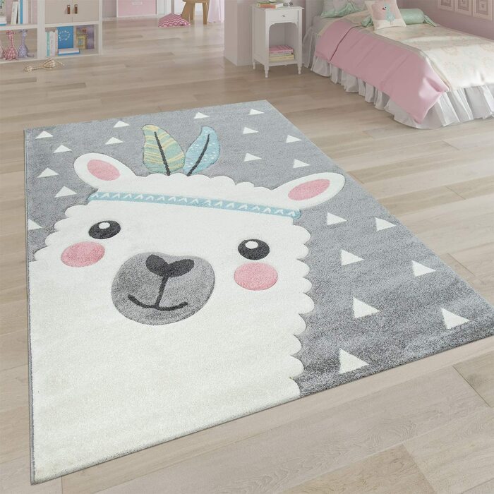 Пако домашній килим для дитячої кімнати сірий 3D мотив Альпака дизайн пастельні тони м'який міцний, Розмір 120x170 см (140x200 см)