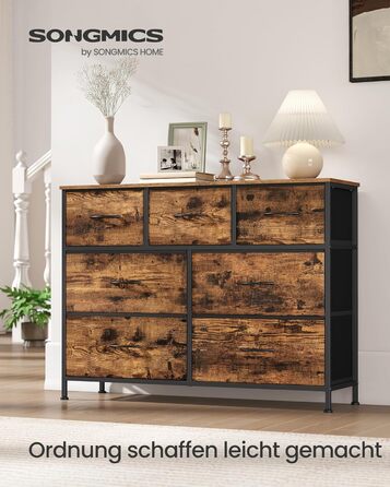 SONGMICS Комод з 7 висувними ящиками, шафа для зберігання, сталь, MDF, флізелін, для спальні, прихожей, вітальні, кольори: білий, коричневий, чорний