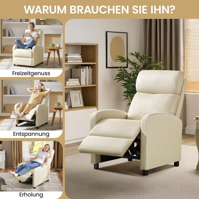 Крісло-релакс Yaheetech з регульованою підніжкою, крісло для телевізора, диван-крісло, крісло для відпочинку (Бежеве, штучна шкіра)