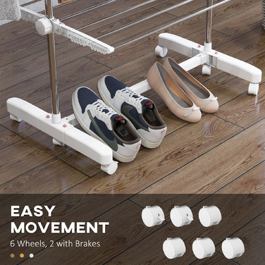 Зручна мобільна сушарка для білизни на коліщатках, з 4 рівнями, складана, з нержавіючої сталі, стійка до корозії, біло-срібна, розмір 142 x 55 x 172 см