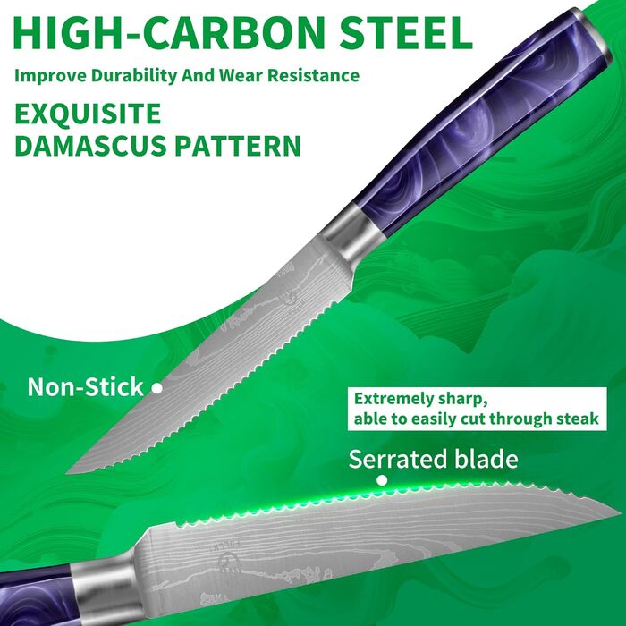 Набір кухонних ножів Fullhi 14 предметів з бруском та чохлом, набір кухонних ножів для приготування стейків, кольорова ручка (фіолетовий смоляний)