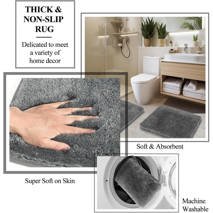 Набір аксесуарів для ванної кімнати 9 шт. Чорний та золотий (Мülleimer, тумбочка, дозатор мила, мильниця, тримач зубної щітки, стакан для щіток, WC-щітка, тримач ватних паличок) + Шторка для душу + Килимок для ванної (Сірий)