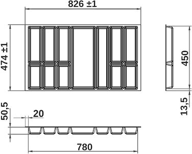 ОРГА-БОКС VII Дизайн Вставка для столових приборів чорний 726 x 474 мм місце для зберігання столових приборів Veriset кухні KH Schroder і багато іншого. з корпусом 80 (для ширини корпусу 900 мм)
