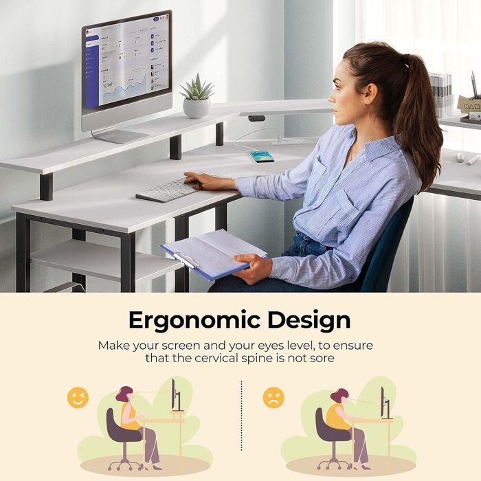 Комп'ютерний стіл Rolanstar L-подібний з RGB підсвічуванням та розетками, геймінговий стіл з реверсивним кутом, полицею та 2 гачками, для офісу, робочого кабінету, спальні (117см), білий (137 x 72 x 117 см)