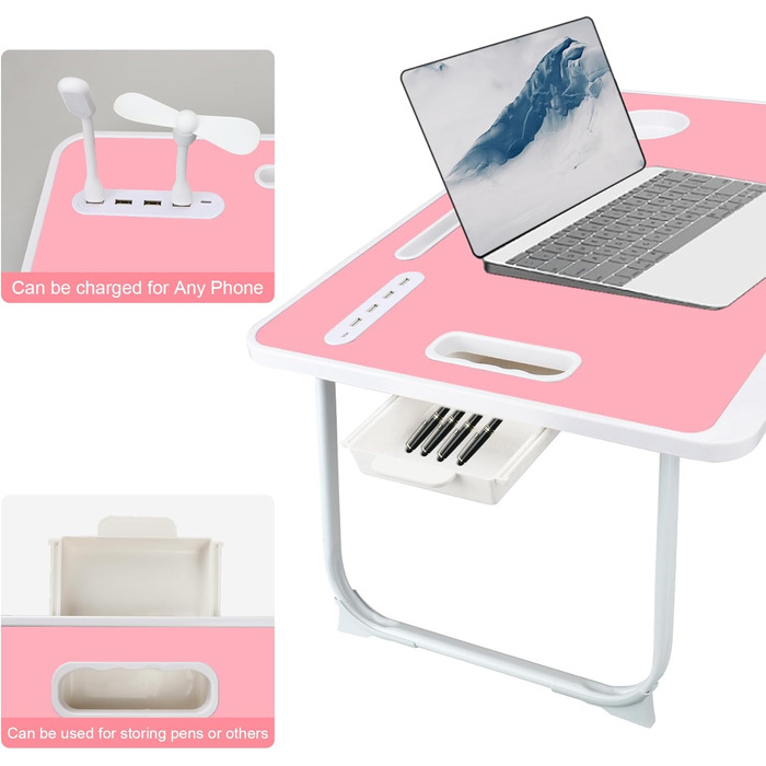 Складаний столик для ноутбука з USB-портами та відділеннями для аксесуарів (Рожевий)