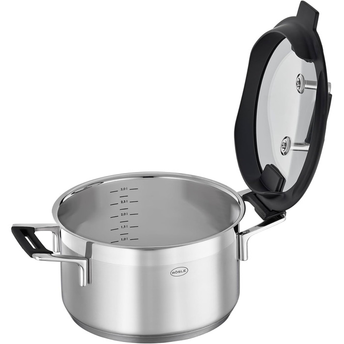 Набір каструль Rösele Silence Pro 5 предметів: універсальний набір з 3 каструль, 1 казанок та 1 сотейник, нержавіюча сталь 18/10, скляні кришки, внутрішня шкала, підходить для індукційних плит та мийки посуду