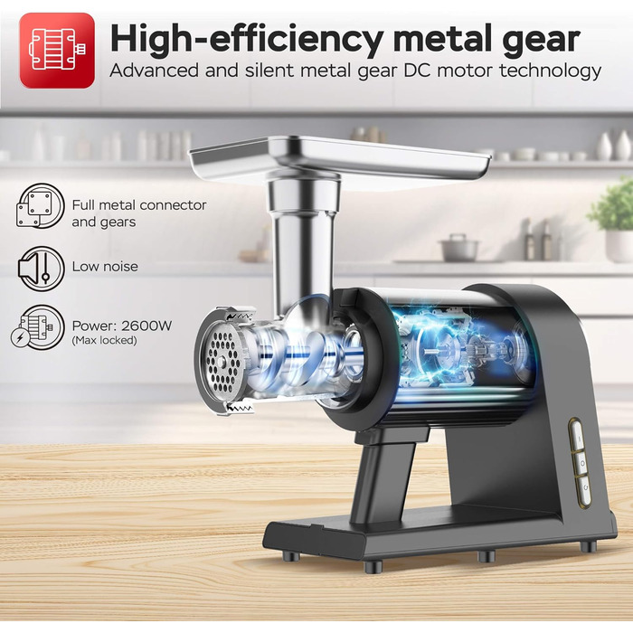 Електрична м'ясоподрібнювач TurboTronic Samurai 2600W з набором аксесуарів: для ковбас, печива, кеббе та подрібнення овочів. Корпус з нержавіючої сталі, металеве редукторне зчеплення.