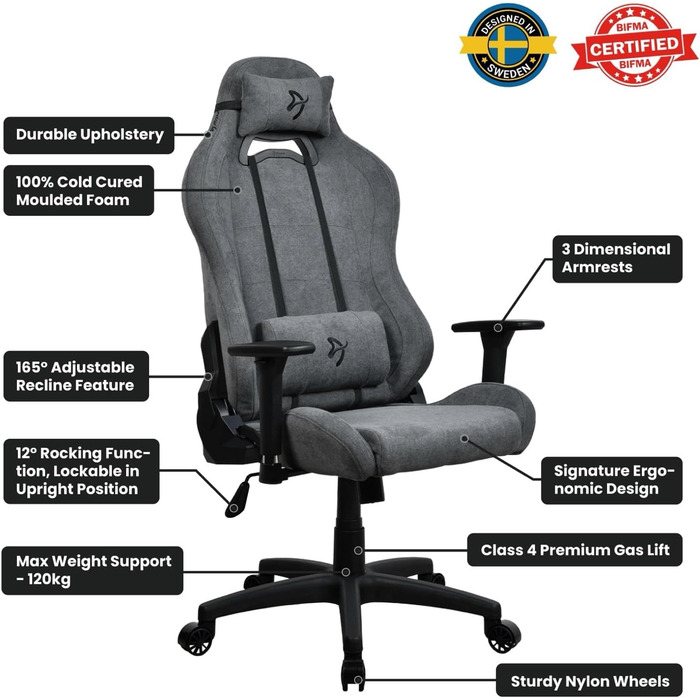 Ігровий та офісний крісло Arozzi Torretta Premium з SoftFabric™, ергономічний дизайн, 3D підлокітники, висока спинка, регульована решітка, 2 подушки – (Ash)