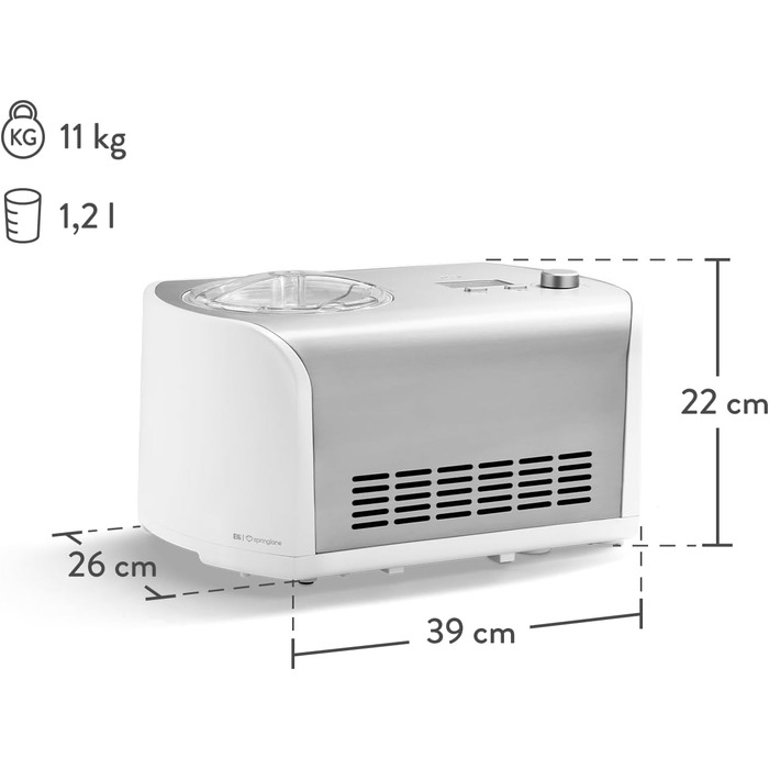Морожениця SPRINGLANE Elli 1.2 л, самоохолодження, 135 Вт, нержавіюча сталь, знімний контейнер, буклет з рецептами