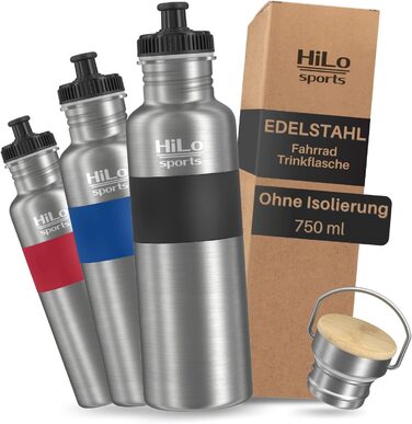 Спортивна пляшка для води HiLo Велосипед з нержавіючої сталі 750 мл - без ізоляції - з 2 кришками - Герметична велосипедна пляшка для води - Велосипедна пляшка без смаку (чорна)