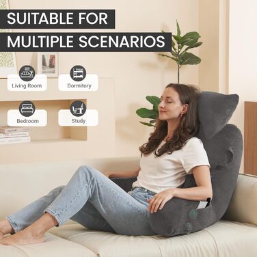 Підлогове крісло для читання з підголовником (світло-сірий, Oeko-Tex), м'яке спинне крісло з підлокітниками та кишенями для дорослих, зручне ліжко-крісло з Memory Foam для гуртожитку, світло-сірий, великий, преміум-якість