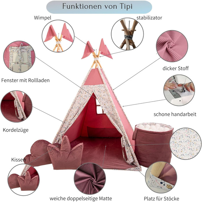 Дитячий намет-тіпі з килимком, подушкою та м'ячами - ігровий намет для дитячої кімнати (полуниця)