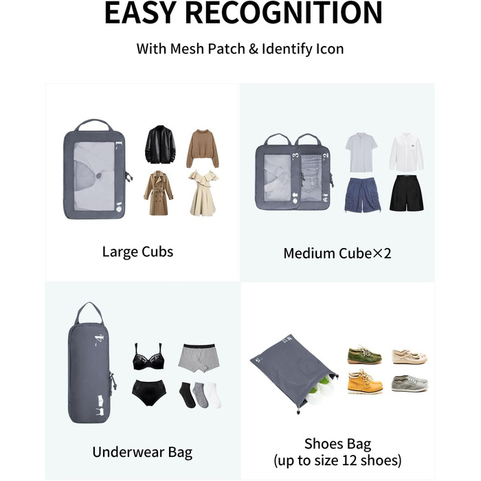 Набір компресійних органайзерів для одягу в подорож ECOHUB, 5 предметів, темно-сірий