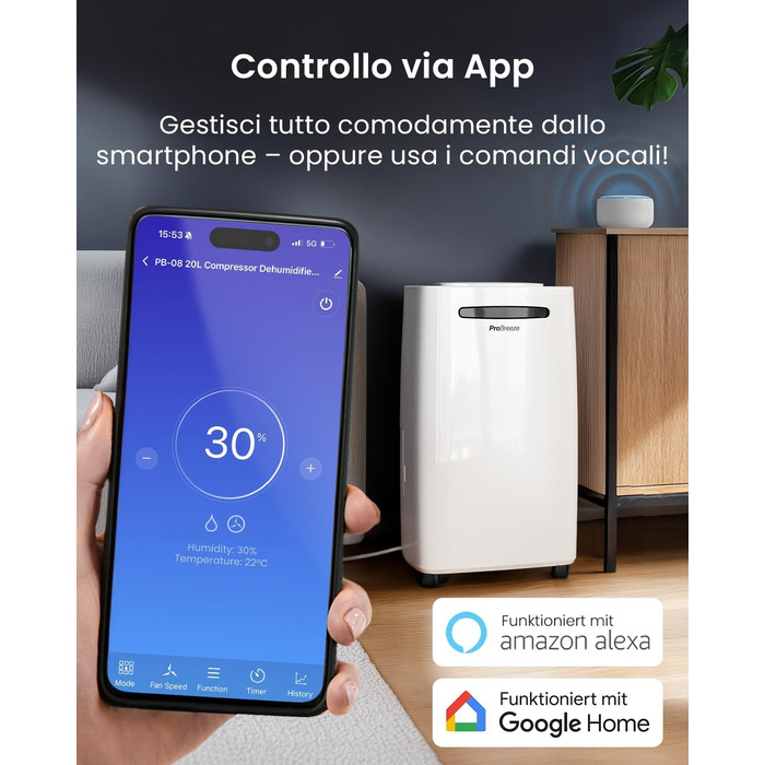 Про Breeze - вологопоглинач повітря 25 л/добу, для приміщень до 30 м², 4 режими роботи, цифровий дисплей, шланг для зливу, функція сушіння білизни, таймер, захист від вологи та плісняви, керування через додаток