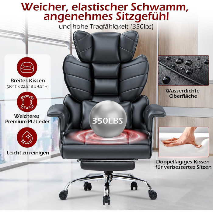 Офісний крісло Naspaluro з підніжкою, ергономічне, для дому та офісу, з підтримкою попереку, PU-шкіра, сірий (чорний 2), 77x66x134 см