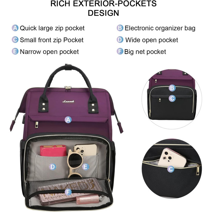 Рюкзак для ноутбука LOVEVOOK для жінок, великий шкільний рюкзак для підлітків, рюкзак ручної поклажі, водонепроникний дизайн, дихаючі лямки, для університету, школи та подорожей, бежевий, сірий (17 дюймів, B - темно-фіолетовий, чорний)