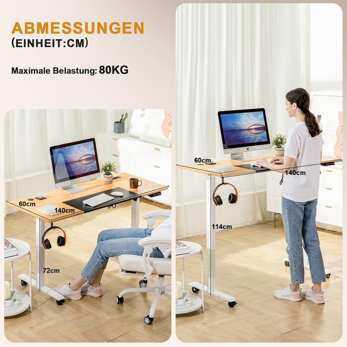 COMHOMA Стол письмовий регульований по висоті 160x70 см з USB-роз'ємом та гачками, Електричний стіл для комп'ютера, Стол для стоячи-сидячи, Піднятий стіл (Коричневий, 60*140 см)