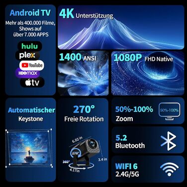 Портативний проєктор Mini Beamer 4K Full HD 1080P з WiFi 6, Bluetooth 5.2, автоматичною корекцією трапецеїдальних спотворень та підтримкою HDMI, TV Stick, Memory Stick, Laptop (білий, чорний)