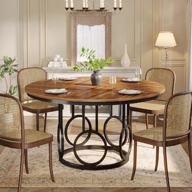 Круглий обідній стіл Tribesigns Runder, 119 см, дерев'яний кухонний стіл з металевим каркасом на 4-6 осіб, великий круглий стіл для вітальні, кухні, їдальні (колір: коричневий & чорний), лише стіл