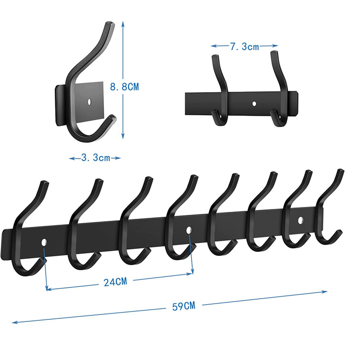 Вішалка для одягу MEIJO, вішалка для одягу, Вішалка для одягу з нержавіючої сталі з 6 гачками, сучасна вішалка для куртки, настінна вішалка для одягу (8 гачків чорного кольору, 2 упаковки)
