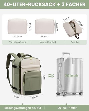 LOVEVOOK Рюкзак ручної поклажі, 40L, для подорожей, дамський, водонепроникний, для ноутбука 17 дюймів, кофр-рюкзак, для роботи, ділових поїздок, Weekender, оливково-зелений, світло-бежевий, оливково-зелений