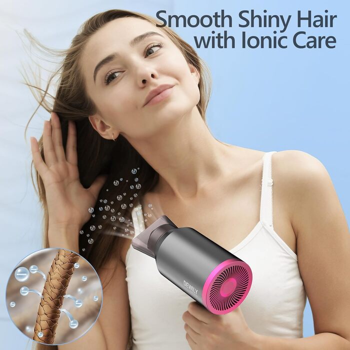 Фен для волосся Ion Foldable Hair Faner Hair Фен - DEWILY Професійний фен Дорожній фен Складний маленький, фен Безшумний з 1 насадкою для укладання, 3 режимами нагріву, сильний дорожній фен для сім'ї (сірий/рожевий 2 насадки)