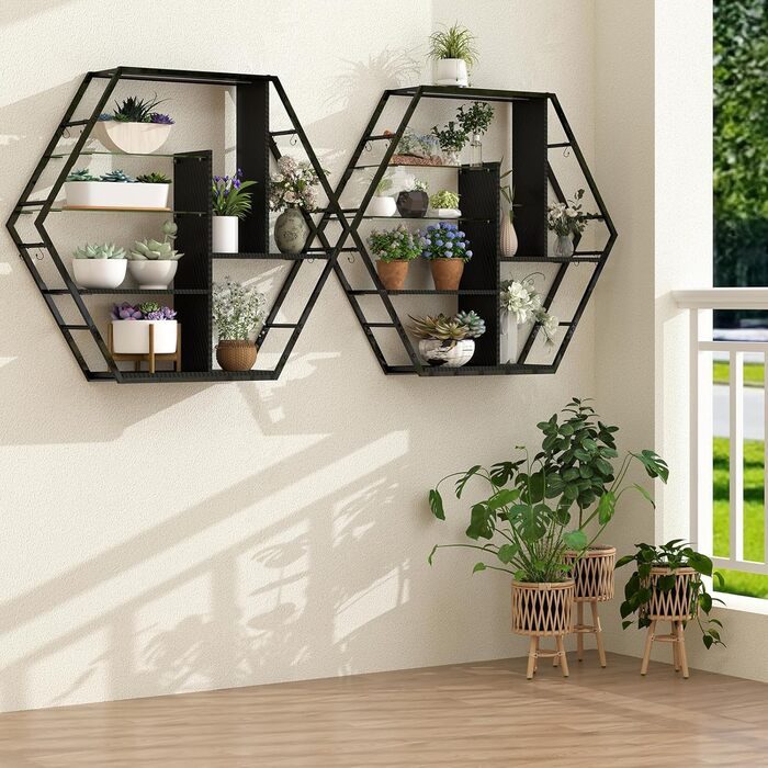 Підвісні полиці YU YUSING з RGB підсвічуванням 7 кольорів, геймерські полиці з 8 гачками, стелажі для демонстрації, настінні вітрини з 2 скляними полицями, підвісні шафи для спальні, кухні, бару, ігрової кімнати, декор, гексагон, карбонове покриття