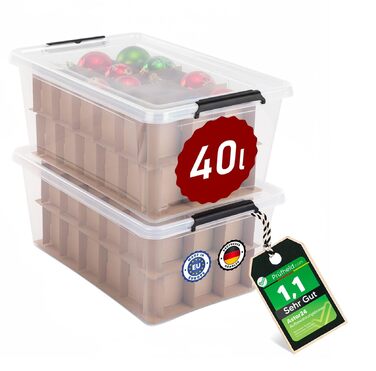 Astor24 Коробки для зберігання ялинкових прикрас 2 шт по 40 л (80 л) - для ялинкових кулі, харчовий пластик, складаються, для різдвяного декору