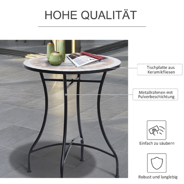 Мозаїчний стіл Outsunny Garden Table круглий Ø60 см, Балконний стіл Журнальний столик зі сталі та кераміки в помаранчевому та білому кольорах, висота 71 см для саду та балкона